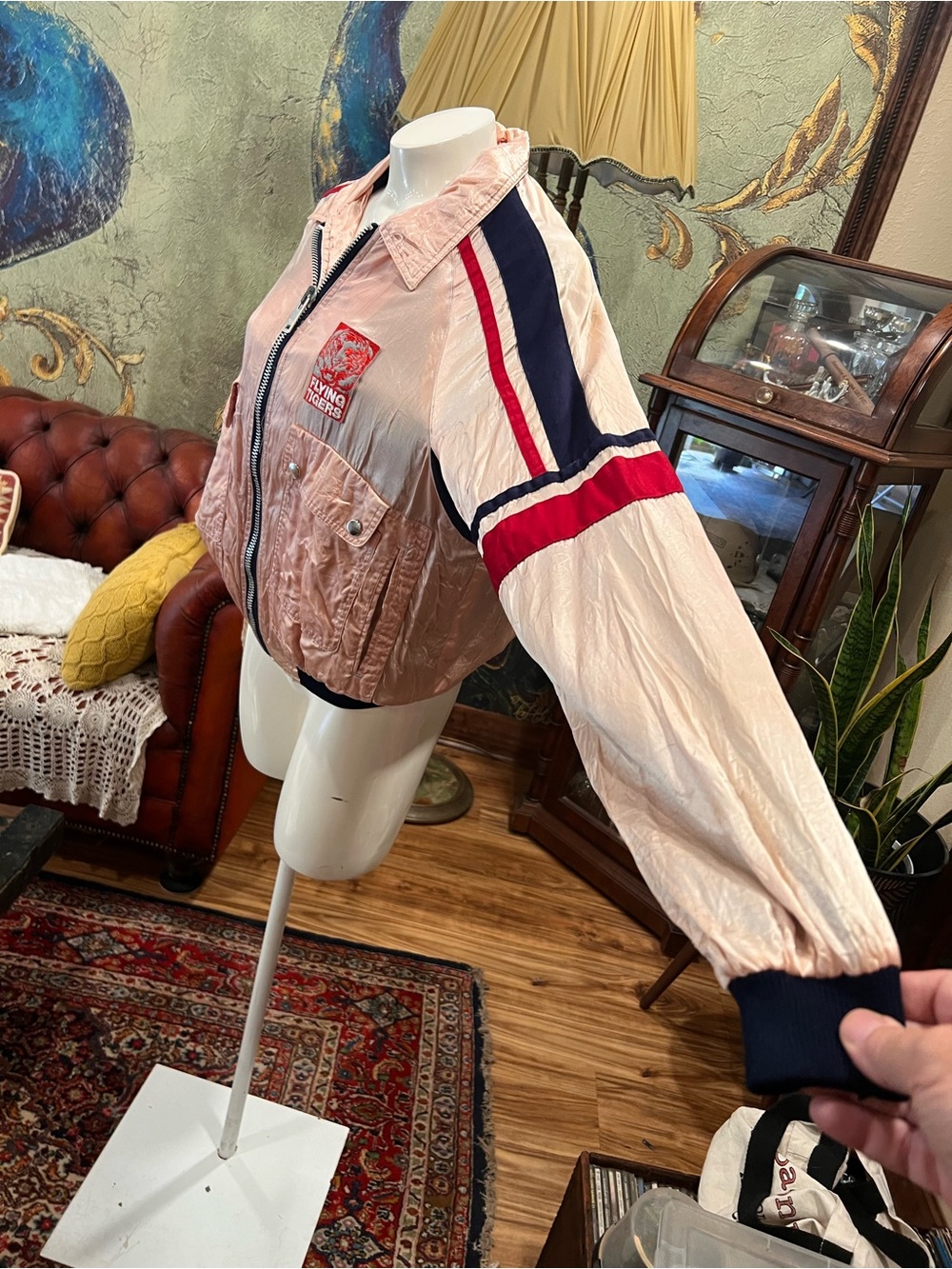Women's Pink Satin Stripe-Trim “Flying Tigers” Bomber Jacket - Picture 5 of 13